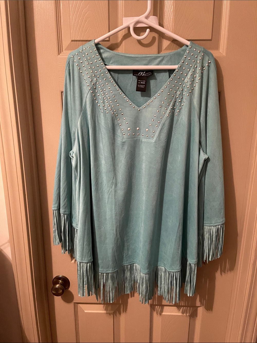 1x/2x Midnight Velvet Aqua Fringe V-Neck Studded Tunic, Western Wear